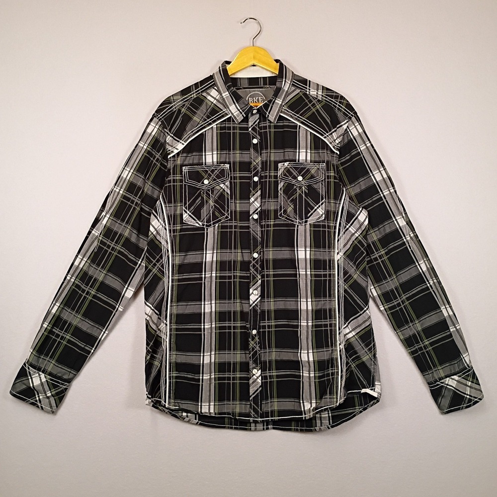 Westerncore BKE Men Large Black Plaid Athletic Fit Long Sleeve Button Down Shirt